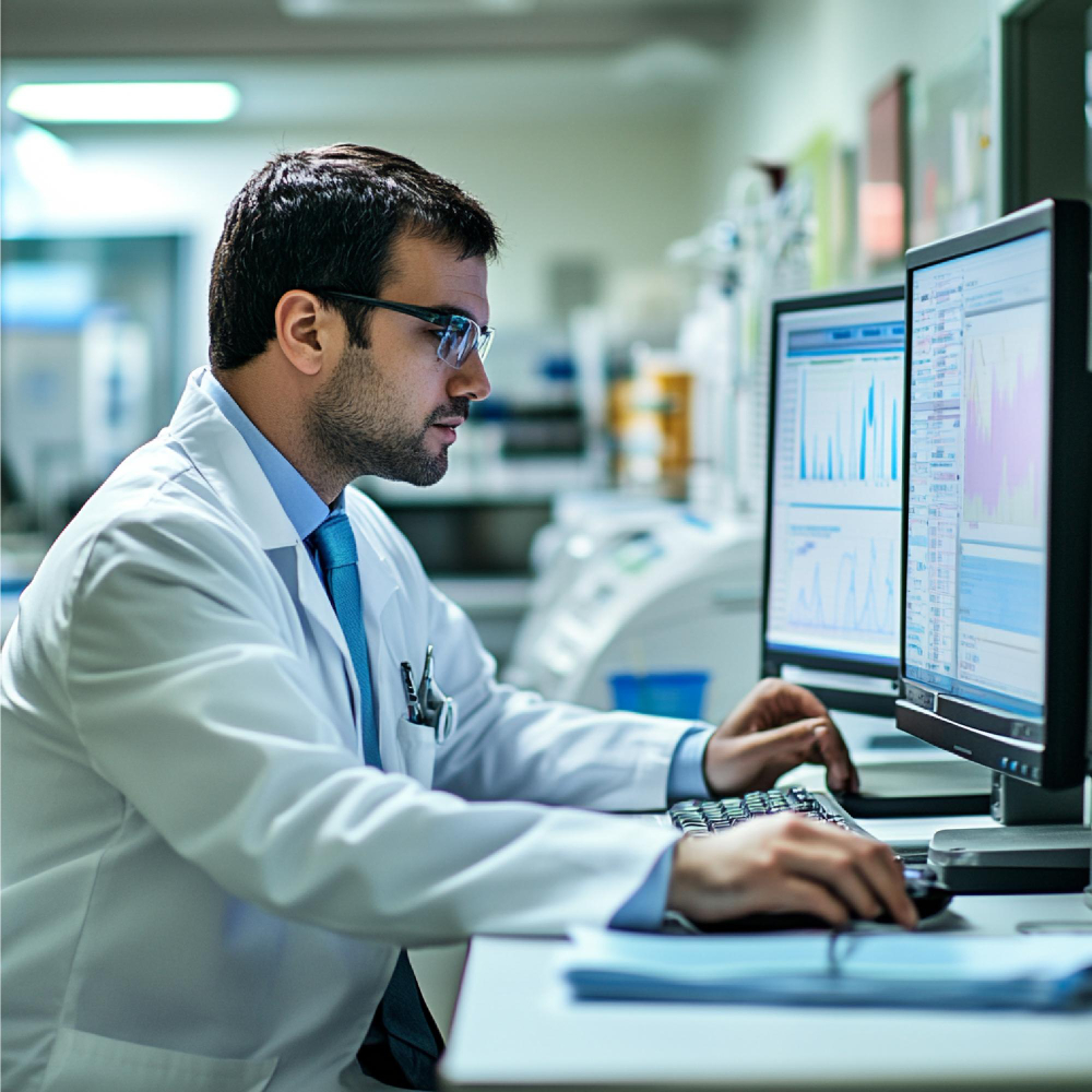 Healthcare AI professional reviewing validated outputs
